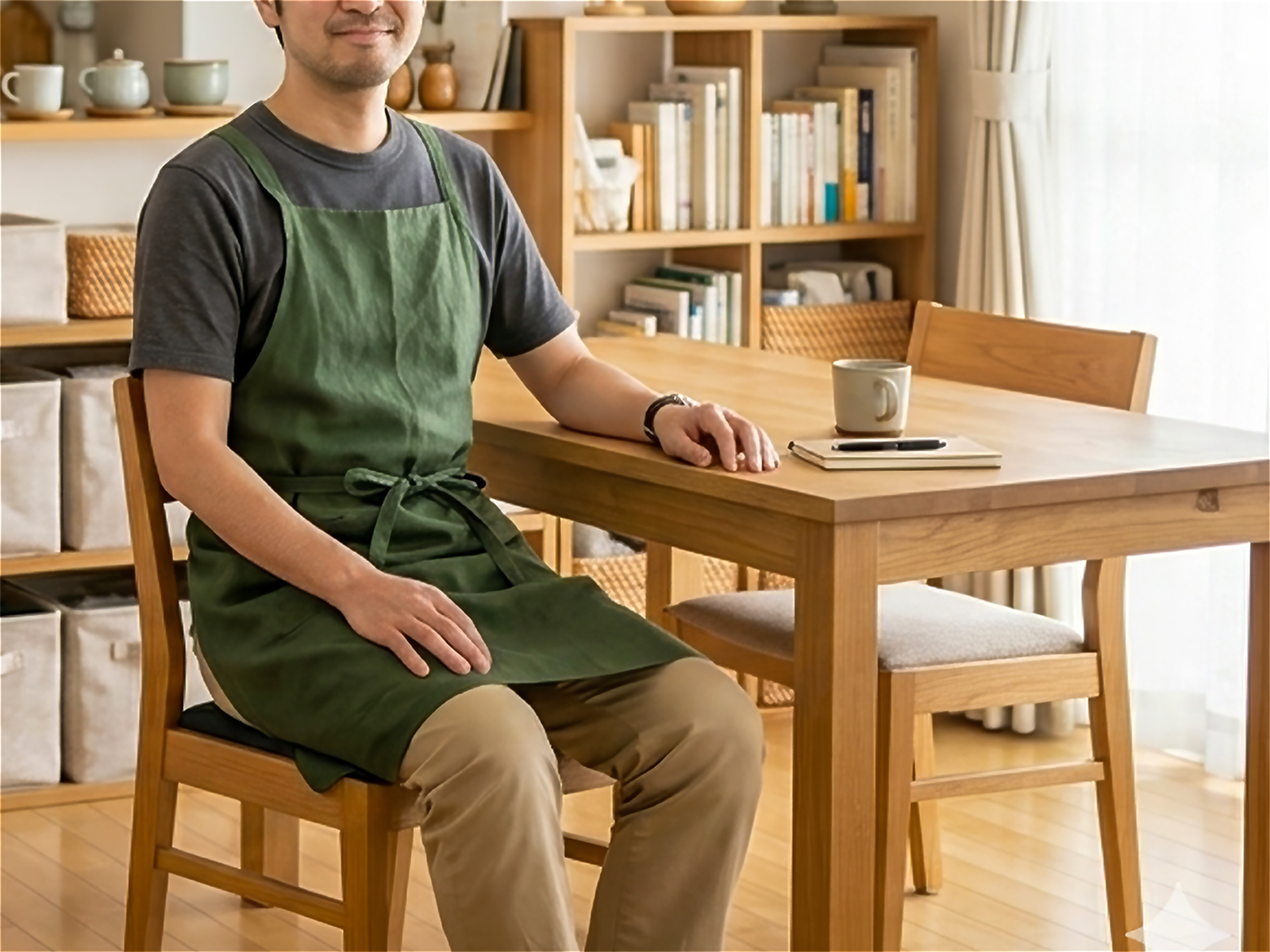 整理されたリビングで本棚を整える暮らし整え屋の担当者